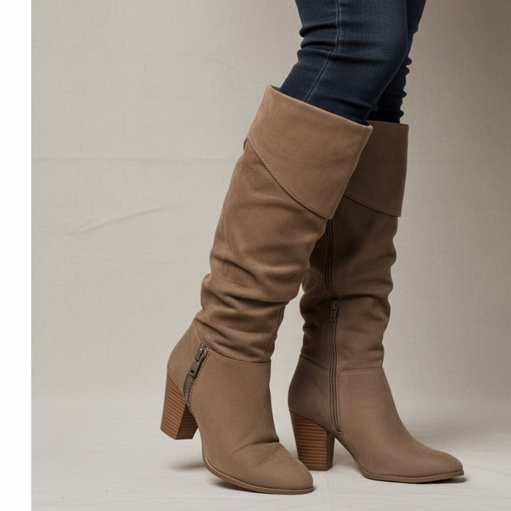 Women’s Brown Slouch Mid Calf Block Heel Boots Side‎ Zip Faux Suede